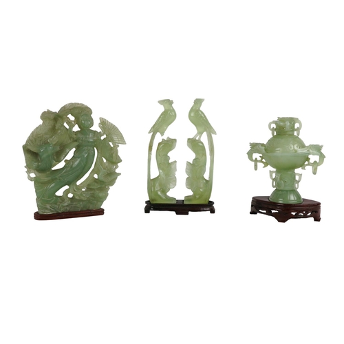 242 - A collection of Oriental green Jadeite Carvings, including an archaic style Censor and Cover, a Geis... 