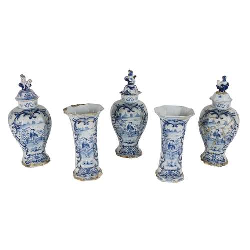 254 - A suite of 3 - 18th Century blue and white tall Vases and covers, of bulbous shaped design, decorate... 