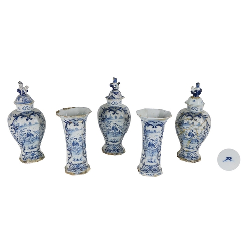 254 - A suite of 3 - 18th Century blue and white tall Vases and covers, of bulbous shaped design, decorate... 