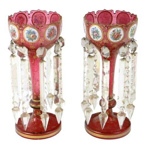 287 - A pair of Victorian Bohemian ruby glass Lustres, with shaped gilt edges and multiple hand painted fl... 