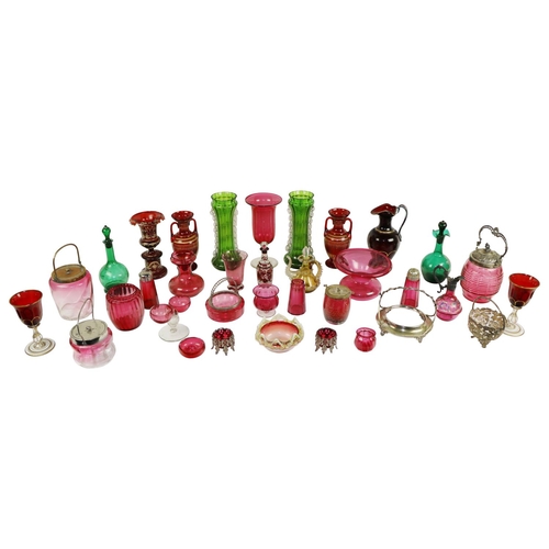 290 - A large collection of coloured Glass, comprising of vases, jugs, condiments and jars, as a lot, w.a.... 