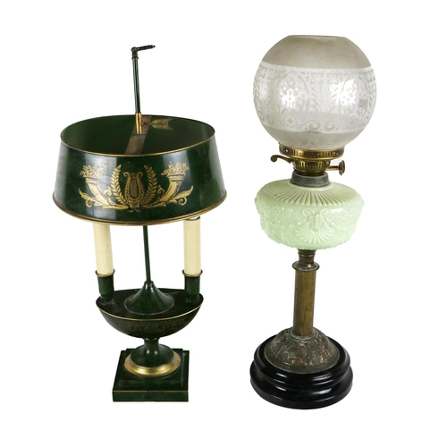 297 - A Grecian style painted metal two light Lamp, of assimilated green marble design with matching oval ... 