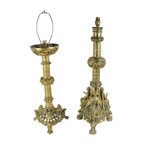 300 - An attractive ornate 19th Century French ormolu pillar Candlestick, (converted to lamp) decorated wi... 