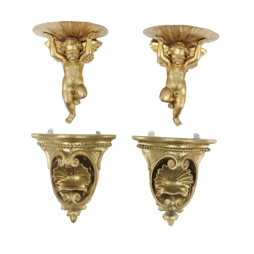 309 - A small pair of attractive carved giltwood Wall Brackets, in the shape of cupids supporting&nbs... 