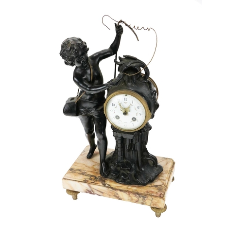 322 - A late 19th Century French Figural Mantle Clock, with young boy with fishing rod, basket and fish be... 