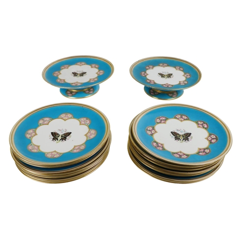 332 - A set of 16 (14 + 2) Minton Cabinet Plates, each decorated with gilt rim, on a blue ground centre wi... 