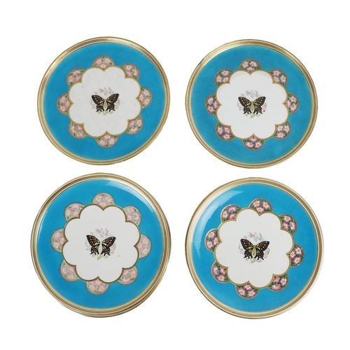 332 - A set of 16 (14 + 2) Minton Cabinet Plates, each decorated with gilt rim, on a blue ground centre wi... 