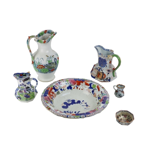 334 - A Masons Ironstone Wash Bowl, typical design and an Imari design Davenport Jug, a small Chinese desi... 