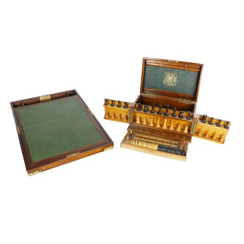 347 - A late Victorian walnut cased Games Compendium, with fitted interior containing chess pieces etc.; t... 