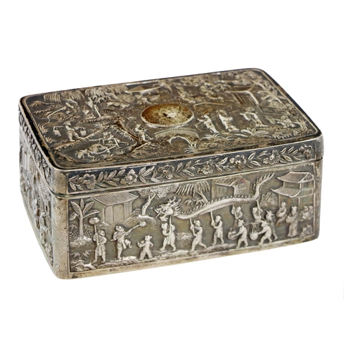 138 - An attractive 19th Century Chinese silver Box, the hinged lid decorated with typical landscapes, dep... 