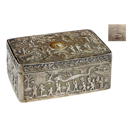 138 - An attractive 19th Century Chinese silver Box, the hinged lid decorated with typical landscapes, dep... 