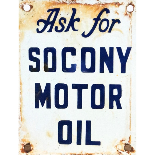 369 - Advertisement: A Vintage enamel Sign for 'Ask for Socony Motor Oil,' pierced, approx. 15cms x 1... 