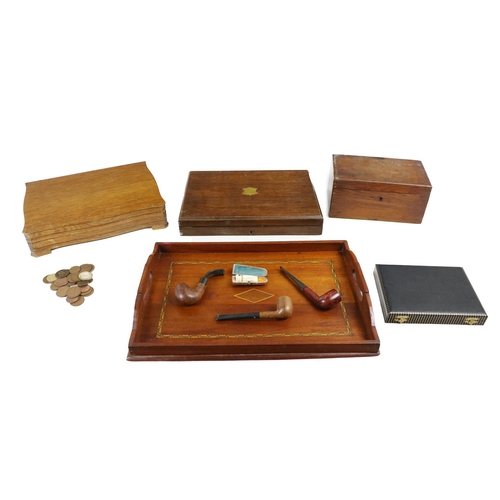 342 - An attractive oak and marquetry Serving Tray, with pierced handles,; together with two part Canteens... 