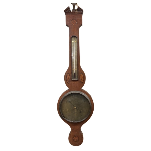 523 - A Victorian Irish inlaid mahogany 'Banjo' Barometer, the arched pediment above thermometer gauge, an... 