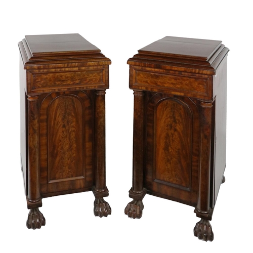 464 - A pair of William IV mahogany Pedestals, the moulded tops with single frieze drawers and panelled fr... 