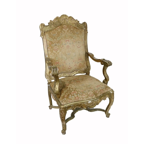 486 - A 19th Century French oversized giltwood Ceremonial Open Armchair, the top carved relief with padded... 