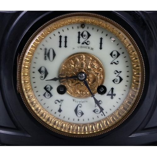 499 - A Victorian slate marble Clock, the shaped platform top above a circular enamel dial with embossed b... 