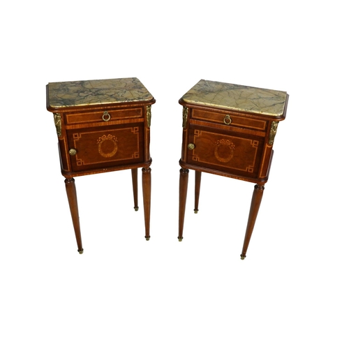 510 - An attractive pair of Louis XV style marble top Bedside Lockers, the inset sienna marble tops with m... 