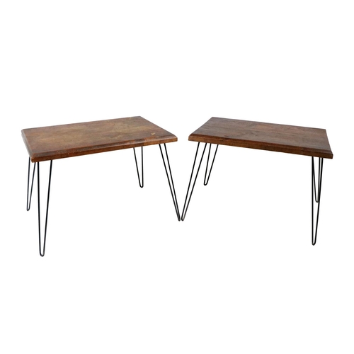 519 - A pair of oak top low Coffee Tables, with shaped metal feet, each approx. 69cms (27