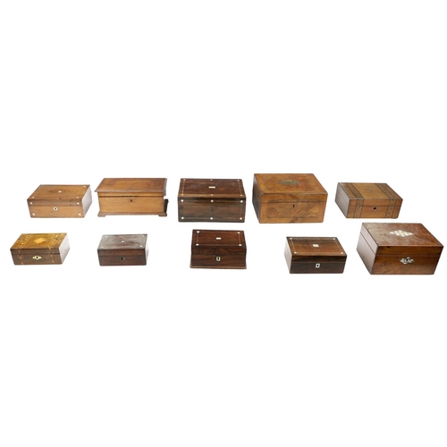 345 - A collection of 10 varied 19th Century mahogany, rosewood and oak lift top Boxes, with marquetry des... 