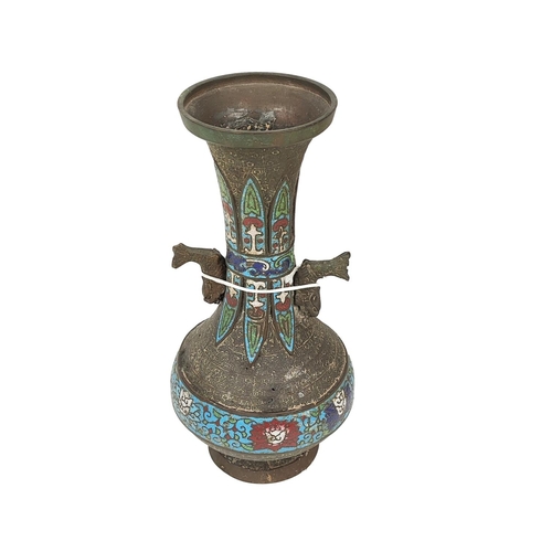 535 - An early 'Archaic' type Chinese cloisonne two handled trumpet shaped Vase, with fish handles on turn... 