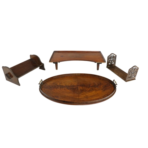 543 - A mahogany oval shaped ebony strung and crossbanded Tray, with brass carrying handles; together with... 