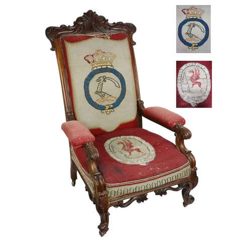 625 - A fine quality Irish Victorian rosewood armorial Armchair, the cornice with carved decoration above ... 