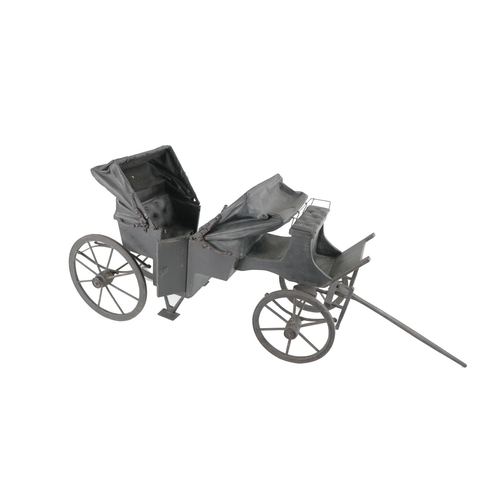 635 - An attractive miniature Landau Carriage, painted black with retractable leather hood and padded seat... 