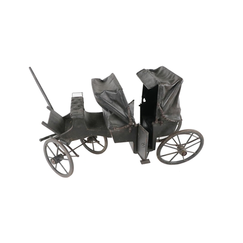 635 - An attractive miniature Landau Carriage, painted black with retractable leather hood and padded seat... 