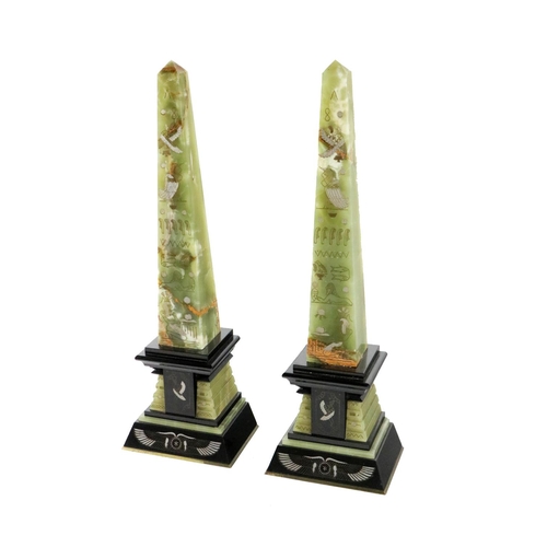 649 - A pair of attractive 20th Century alabaster and marble Obelisks, each with ancient Egyptian decorati... 