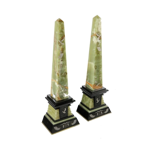 649 - A pair of attractive 20th Century alabaster and marble Obelisks, each with ancient Egyptian decorati... 