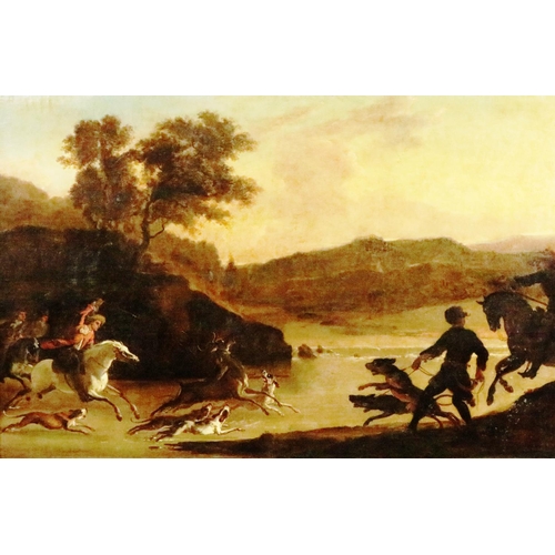 650 - Follower of Frans Snyders (1579-1657)  “Stag Hunt by a River,  c. 1650,” O.O.C., 83.8cms x 132cms   ... 