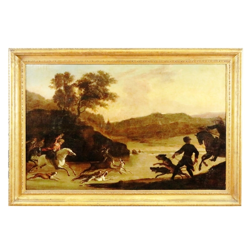 650 - Follower of Frans Snyders (1579-1657)  “Stag Hunt by a River,  c. 1650,” O.O.C., 83.8cms x 132cms   ... 