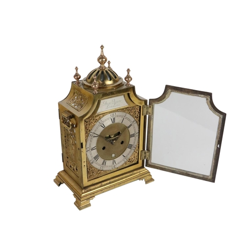 654 - An attractive 18th Century brass framed Bracket Clock, with a multipiece brass dial with mock pendul... 