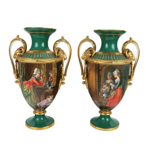 673 - A fine quality pair of large 19th Century two handled Vases, each with shaped rim and gilt border, a... 