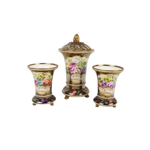 674 - A garniture of Spode Vases, with large central vase with pierced lid and flame finial, the main roya... 