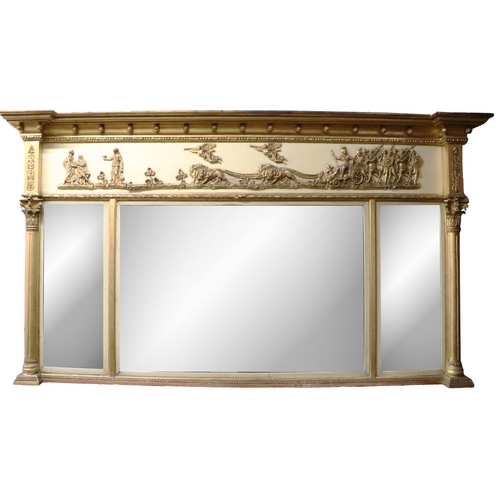 687 - A regency period giltwood and painted compartmental landscape Overmantel, the inverted cornice with ... 