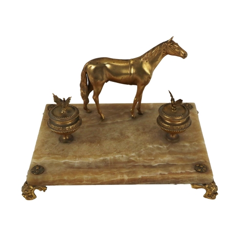 688 - A large ormolu and onyx marble Desk Companion, with model of a standing horse and two inkwells of ur... 