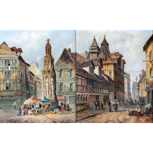 696 - H.N. Eugene, 19th Century FrenchA pair of French Street Scenes with multiple figures, O.O.C., each a... 