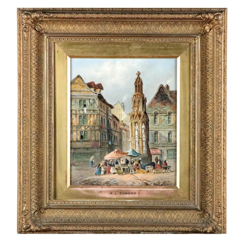 696 - H.N. Eugene, 19th Century FrenchA pair of French Street Scenes with multiple figures, O.O.C., each a... 