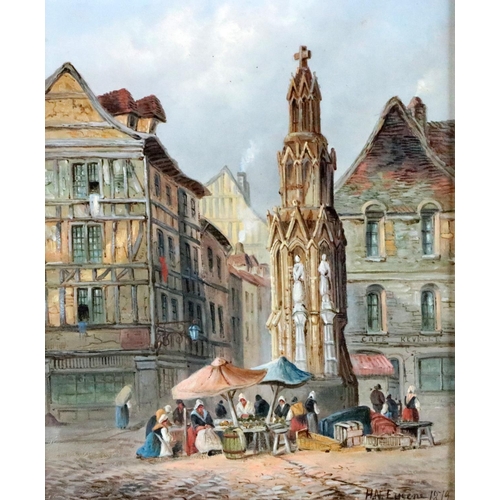 696 - H.N. Eugene, 19th Century FrenchA pair of French Street Scenes with multiple figures, O.O.C., each a... 