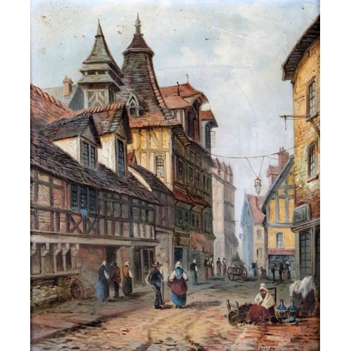 696 - H.N. Eugene, 19th Century FrenchA pair of French Street Scenes with multiple figures, O.O.C., each a... 