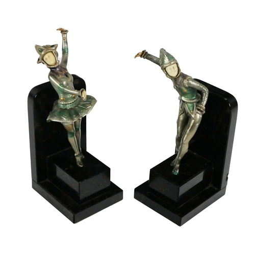 714 - A pair of attractive Art Deco type marble Book Ends, modelled with painted metal figures of Ballerin... 