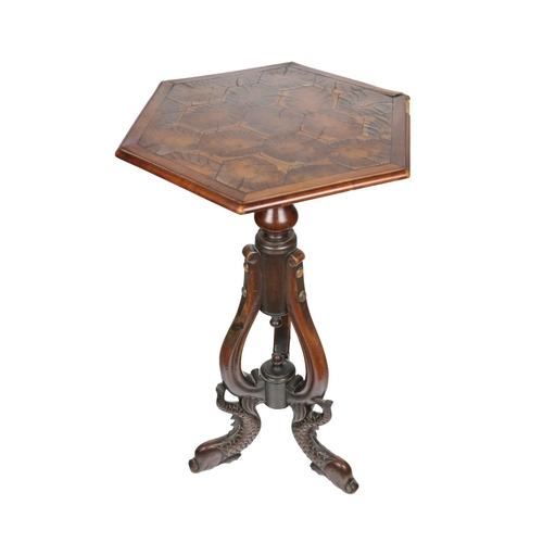 722 - A 19th Century hexagonal oyster design walnut top Occasional Table, with shaped and turned tripod ba... 