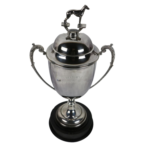 726 - A large silver plated two handled tall Cup and Cover, for 