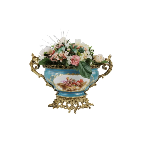 728 - An attractive Limoges type ormolu mounted blue ground, hand decorated and painted porcelain oval sha... 