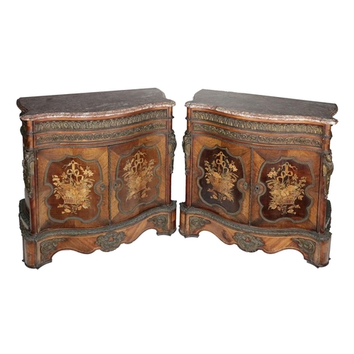 750 - A pair of elegant Victorian kingwood Cabinets, each with moulded Sienna marble tops of serpentine fo... 