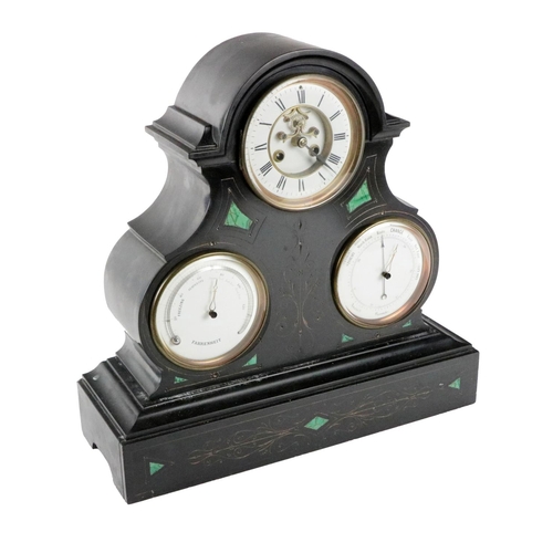 751 - A 19th Century slate marble three face Mantle Clock, the top circular dial with Roman numerals above... 