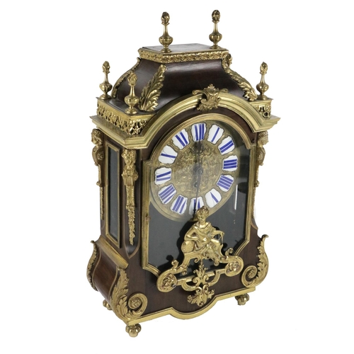 756 - A French Boulle Mantel Clock, with overall ornate mounts and finials with enamel Roman numeral dial ... 