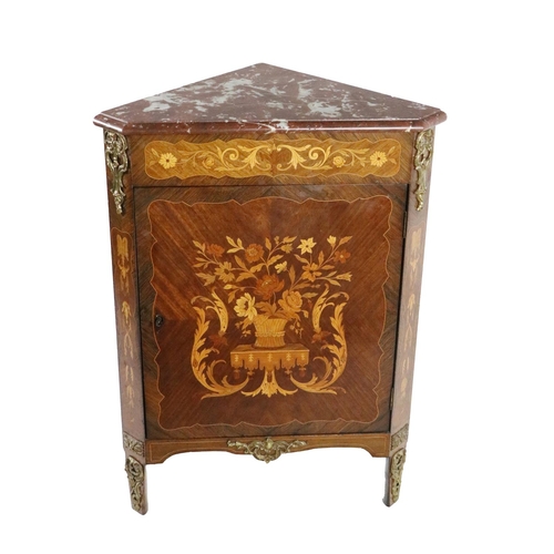 772 - An attractive 19th Century kingwood Corner Cabinet, the moulded rouge marble top over inlaid frieze ... 